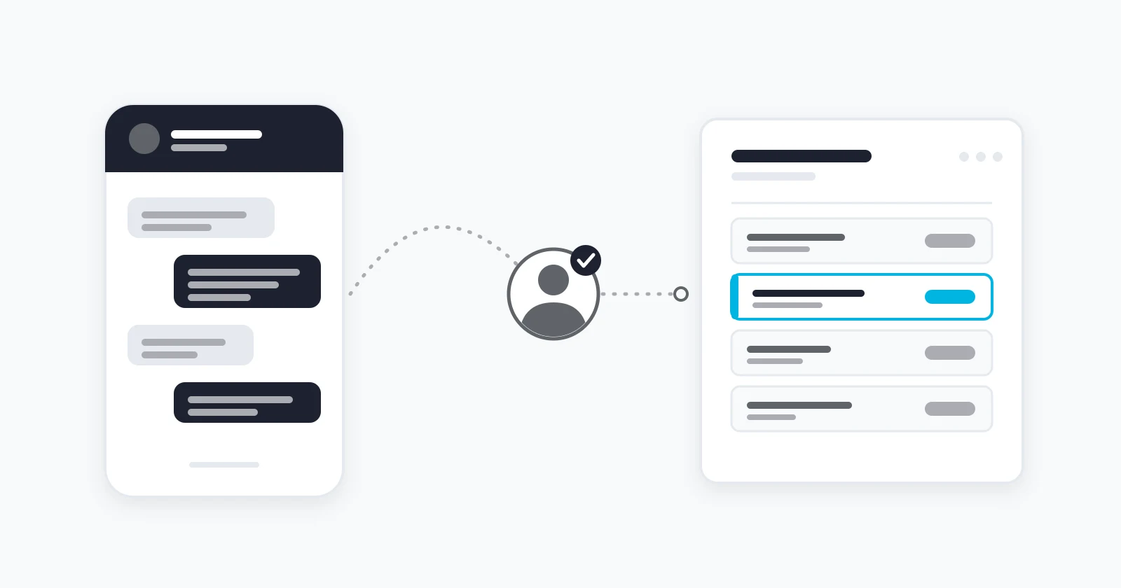 Ilustração de uma conversa de WhatsApp passando por uma revisão antes de virar um orçamento registrado no CRM
