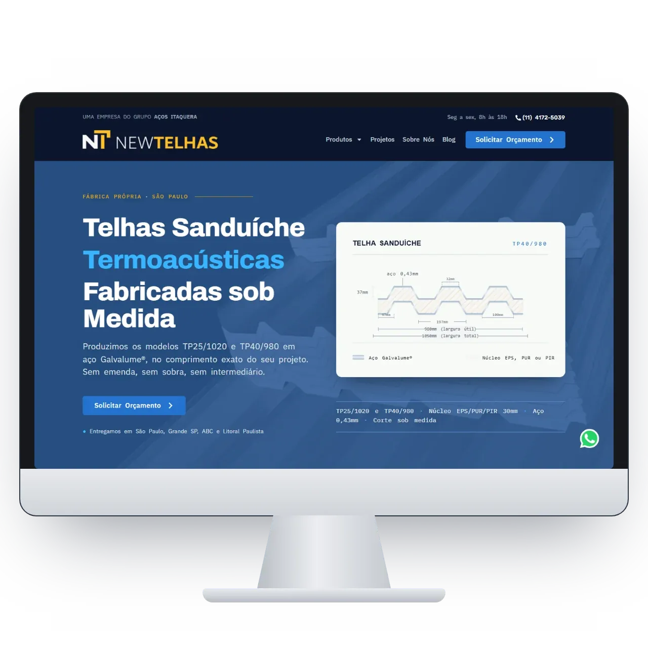 Home do novo site da New Telhas em um monitor