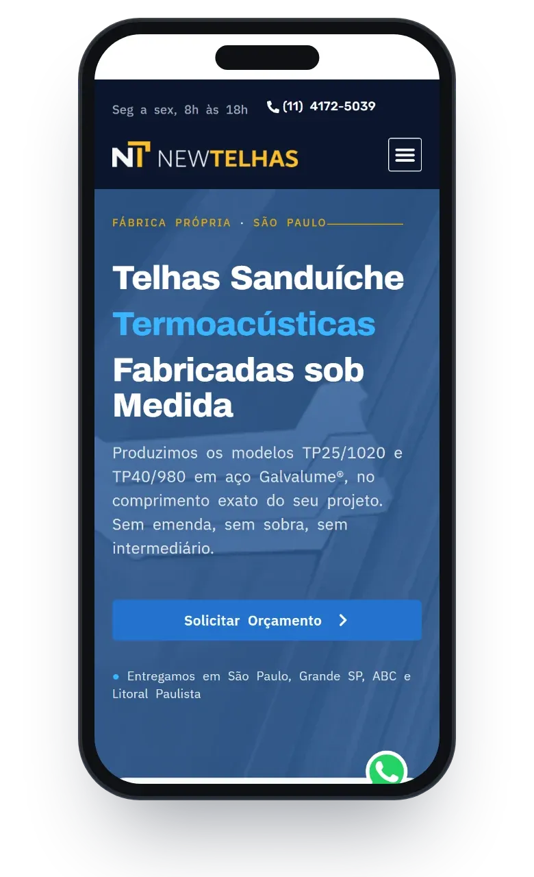 Home do novo site da New Telhas na versão mobile