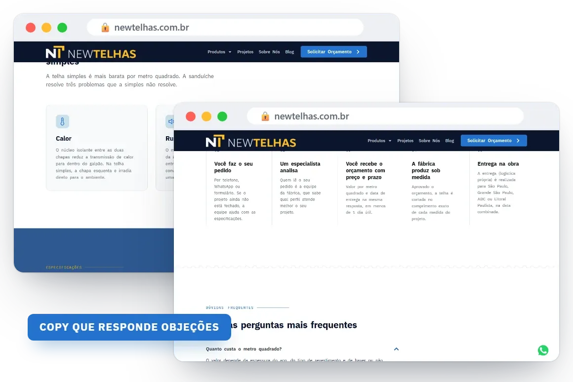 Seções que respondem às objeções do cliente