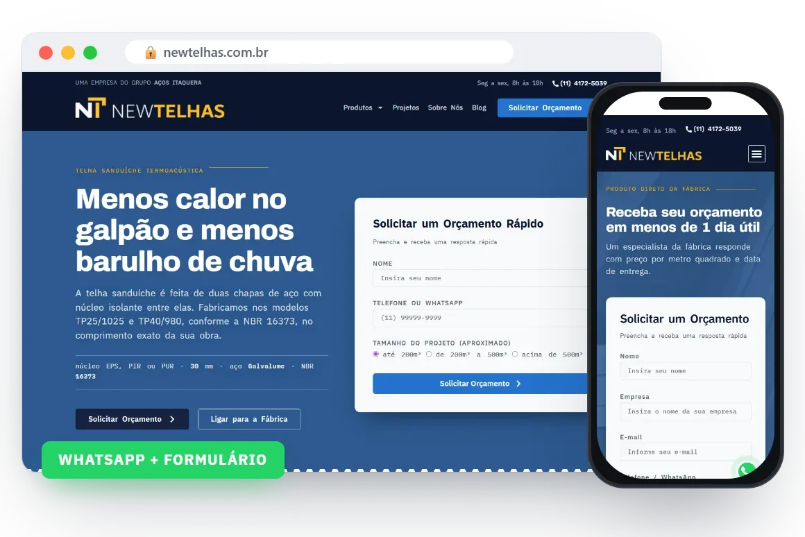 Formulário de orçamento rápido e botão de WhatsApp