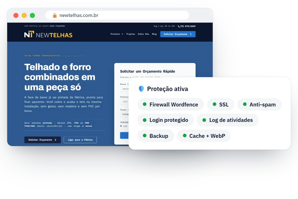 Página de telha forro e recursos de segurança do site