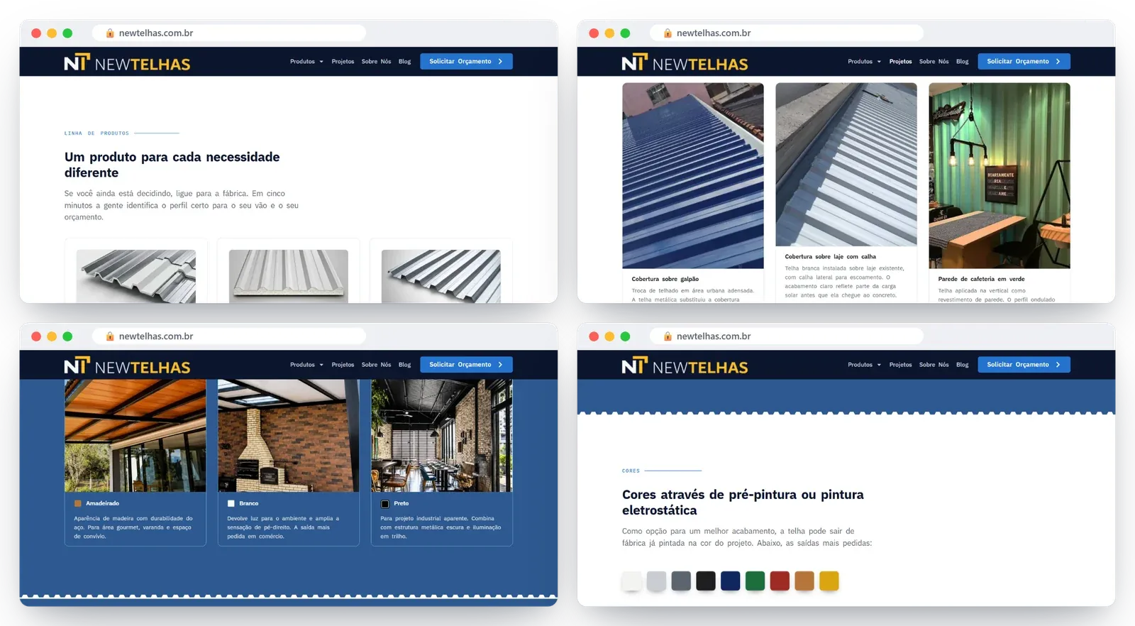 Telas de produtos, galeria de projetos, acabamentos e cores