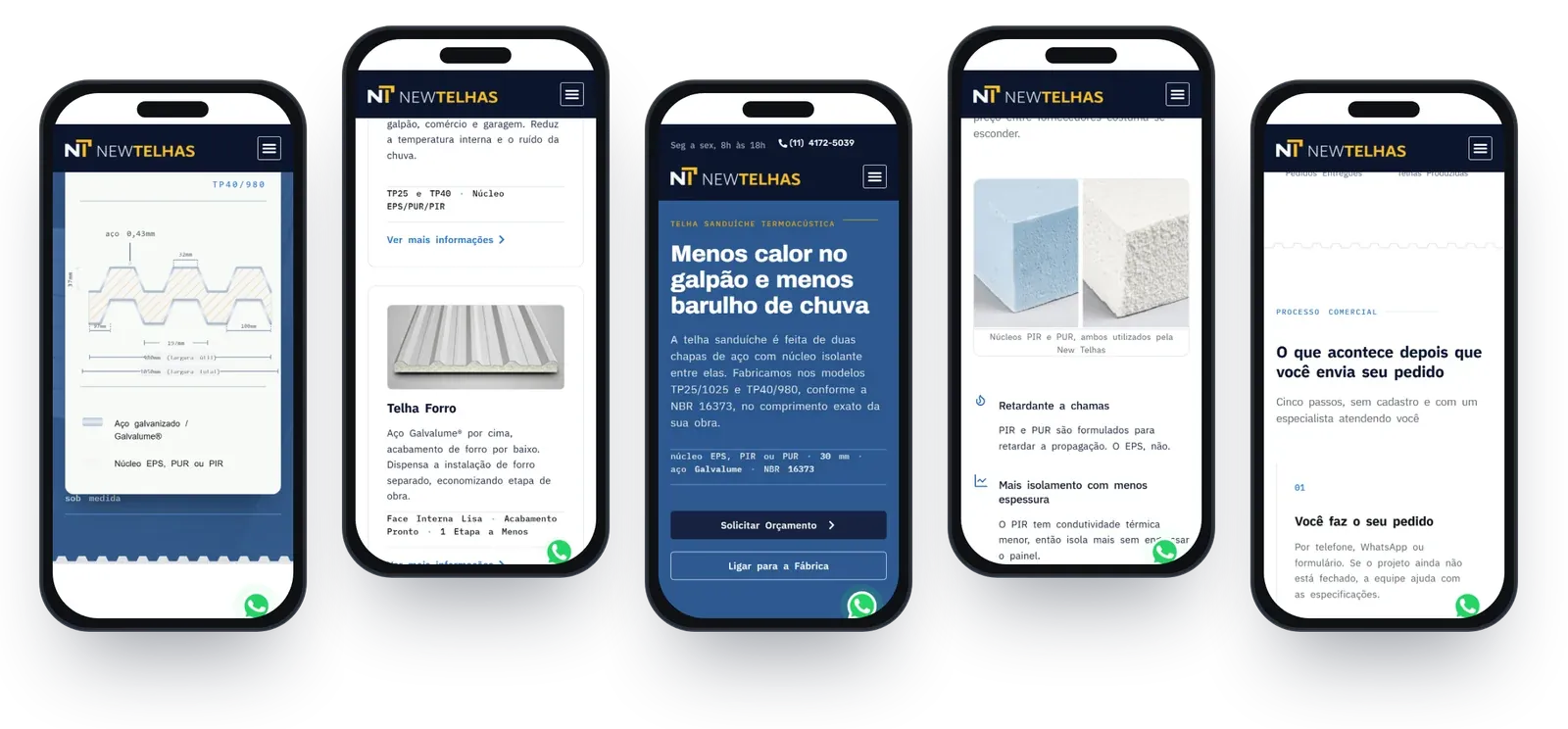 Cinco telas do novo site da New Telhas no celular