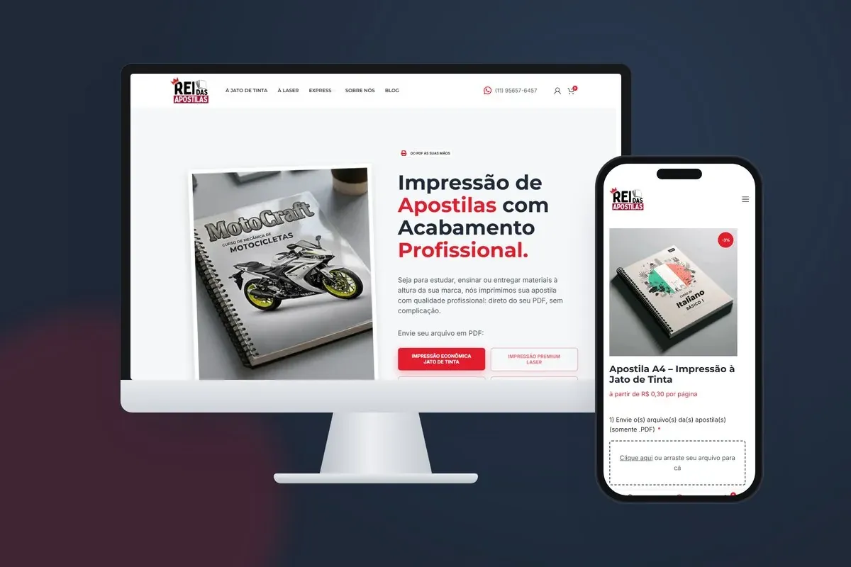 Rei das Apostilas, projeto da Novamedia em monitor e celular