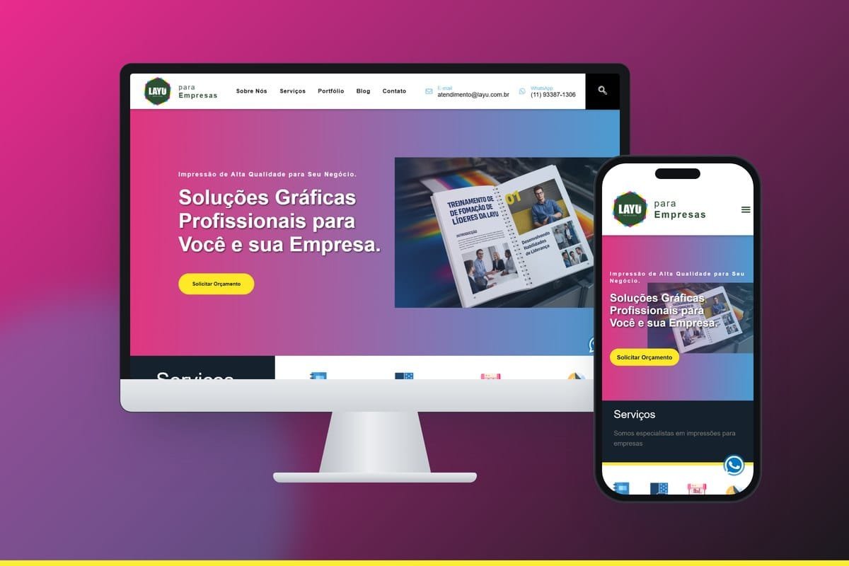 Site institucional da Layu Impressões em monitor e celular, criado pela Novamedia