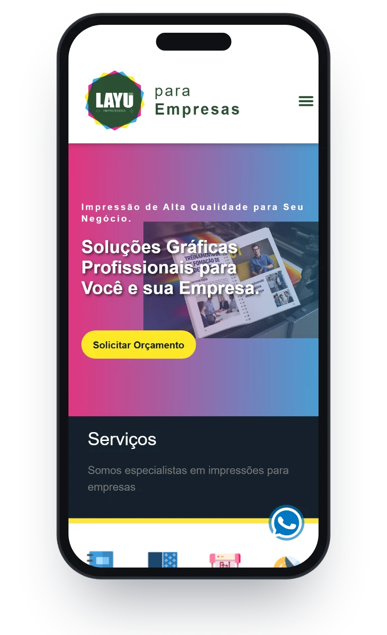 Home do site institucional da Layu Empresas na versão mobile