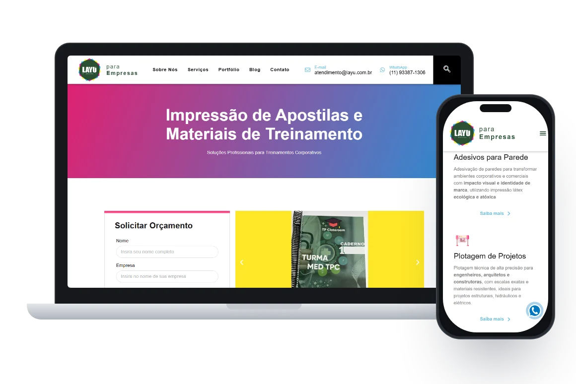 Página de apostilas de treinamento no notebook e serviços no celular