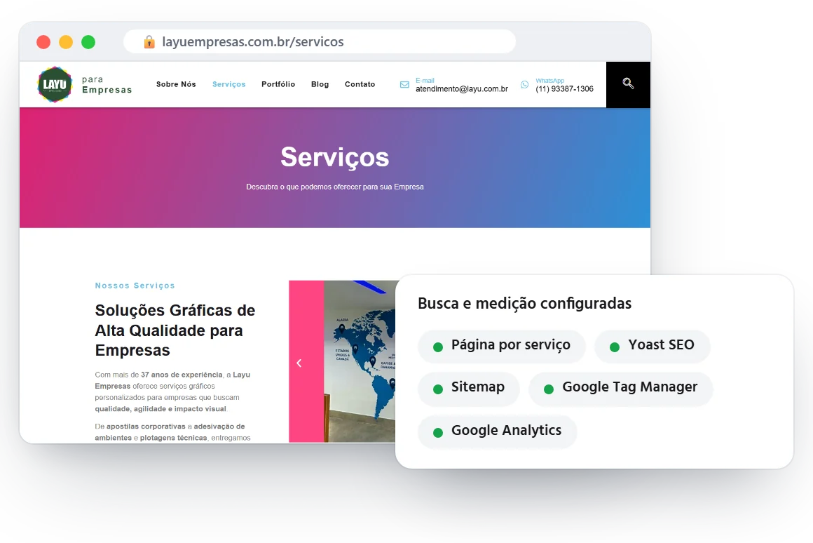 Página de serviços com ferramentas de SEO e medição configuradas