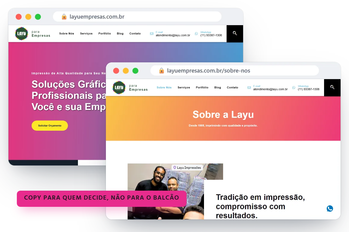 Home e página Sobre Nós do site institucional da Layu Empresas