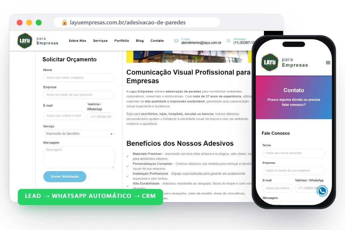 Formulário de orçamento com disparo automático de mensagem no WhatsApp e envio ao CRM