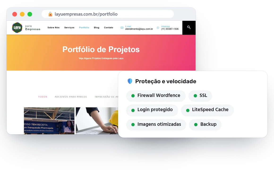 Página de portfólio e recursos de segurança e desempenho do site