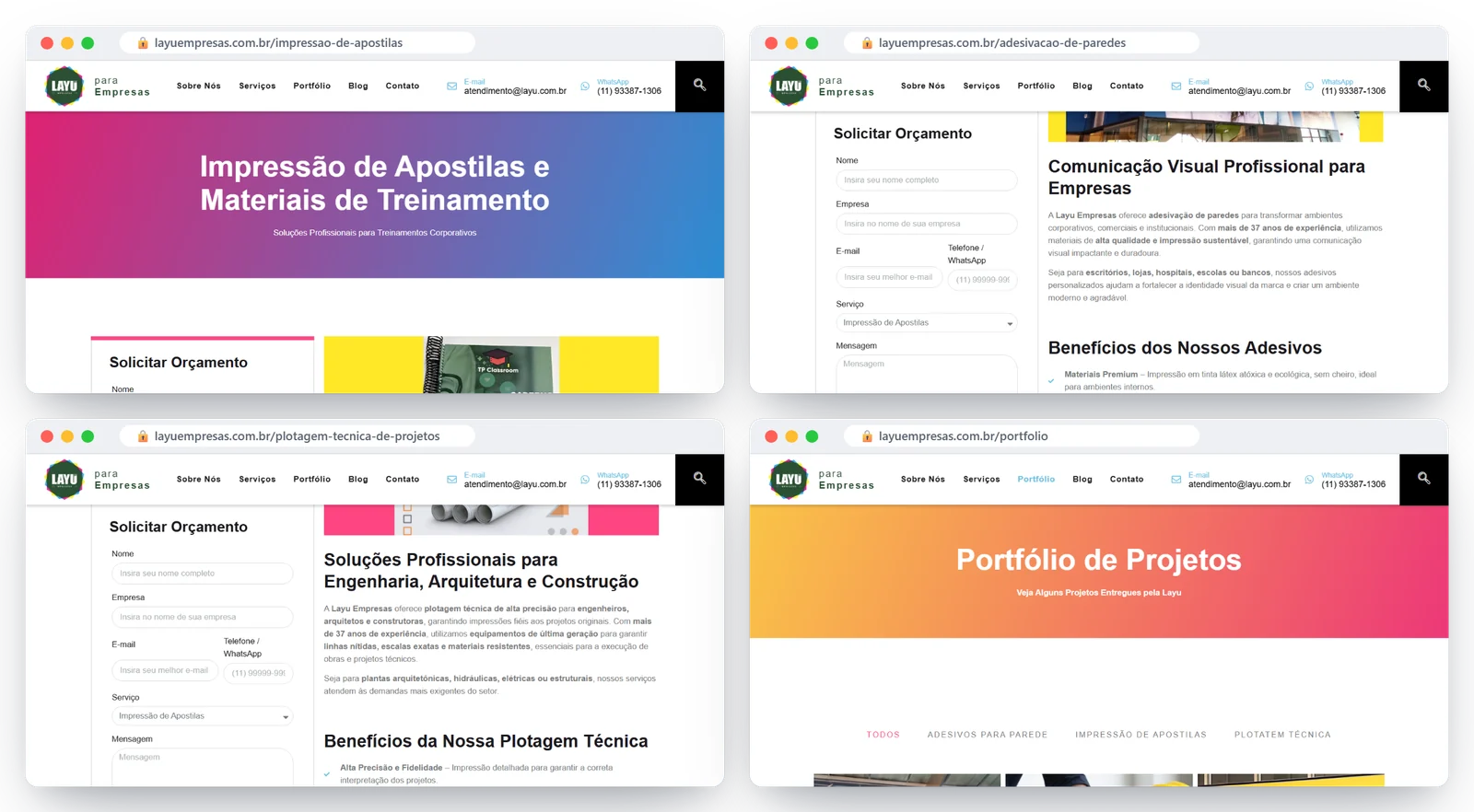 Telas das páginas de apostilas, adesivos, plotagem e portfólio