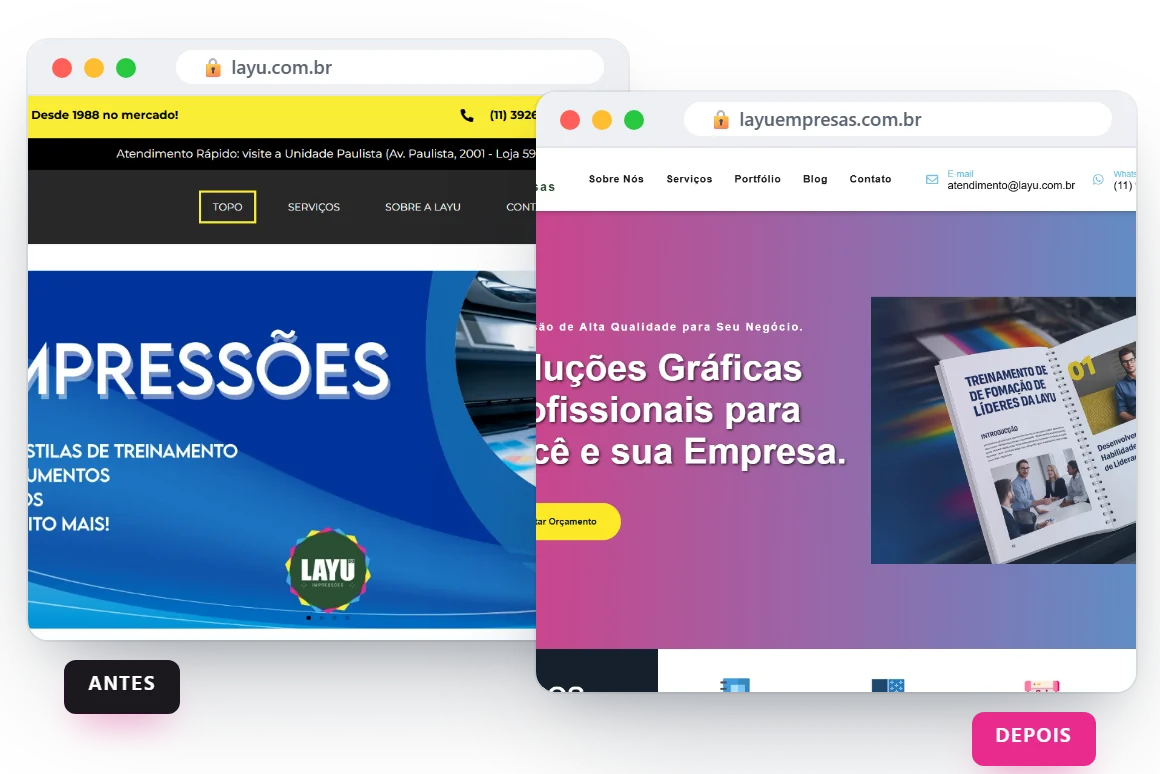 Comparação entre o site antigo em layu.com.br e o novo site institucional layuempresas.com.br