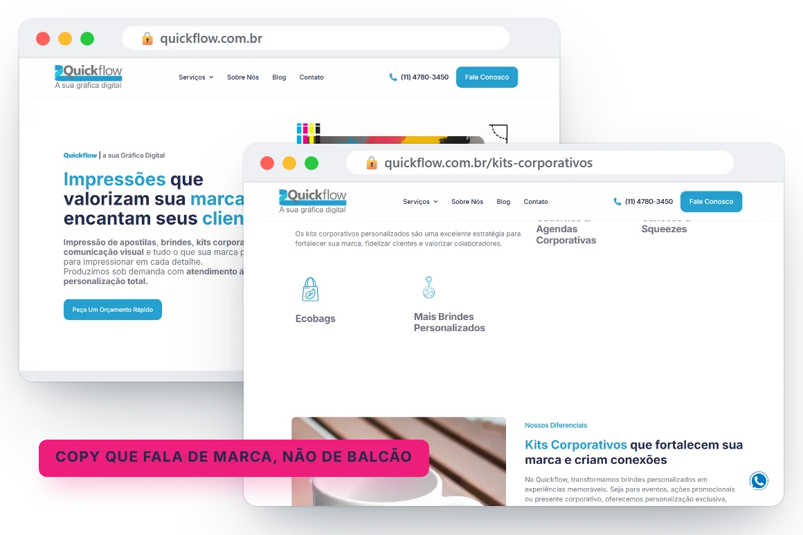 Home e página de kits corporativos do site da Quickflow
