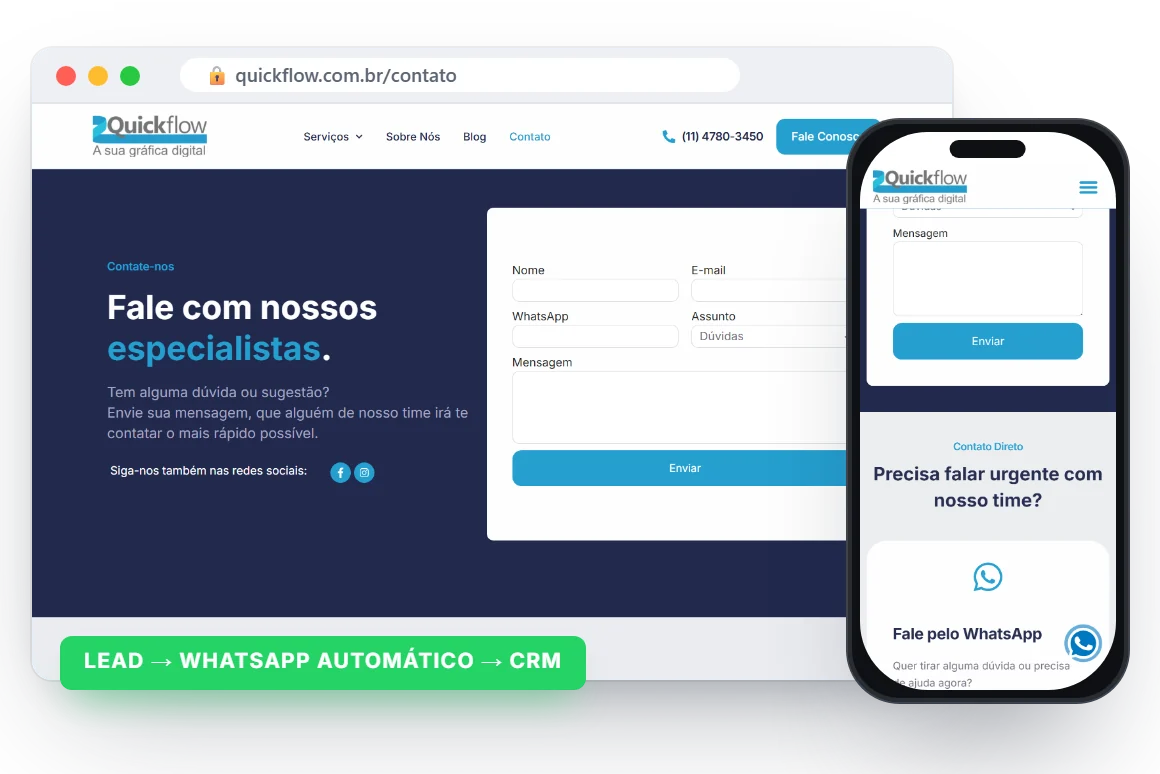 Página de contato com disparo automático de mensagem no WhatsApp e envio ao CRM