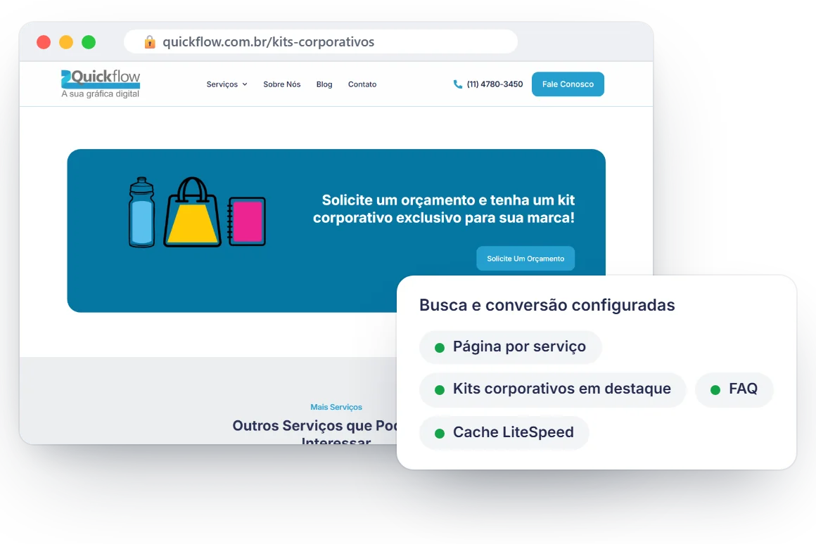 Página de kits corporativos com ferramentas de SEO e conversão configuradas