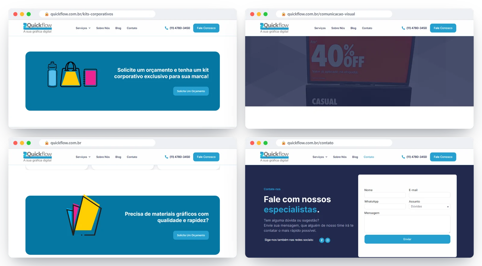 Telas das páginas de kits corporativos, comunicação visual, diferenciais e contato do site da Quickflow