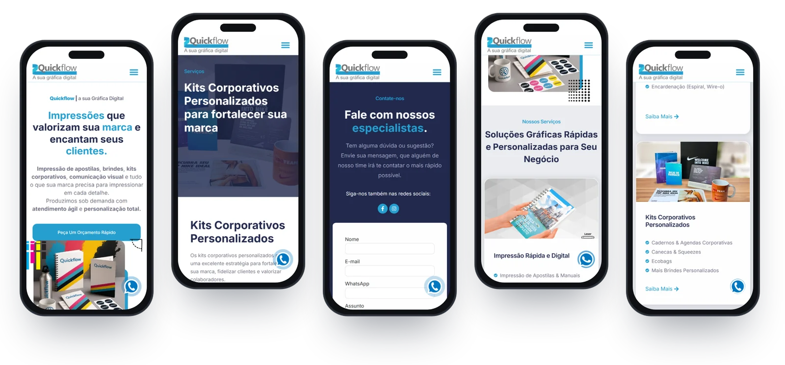 Cinco telas do site da Quickflow no celular