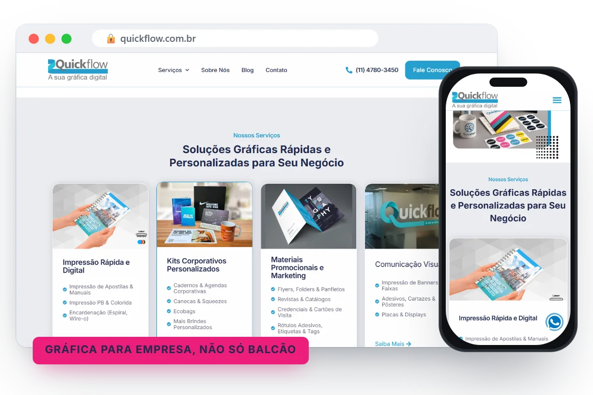 Grade de serviços da Quickflow: impressão rápida, kits corporativos, materiais promocionais e comunicação visual