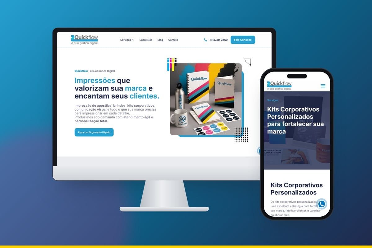 Site institucional da Quickflow em monitor e celular, criado pela Novamedia